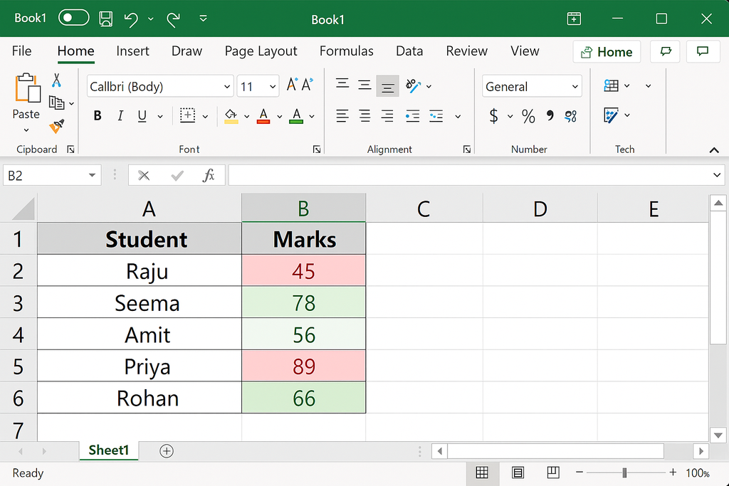 Excel conditional formatting demo highlighting marks greater than 60