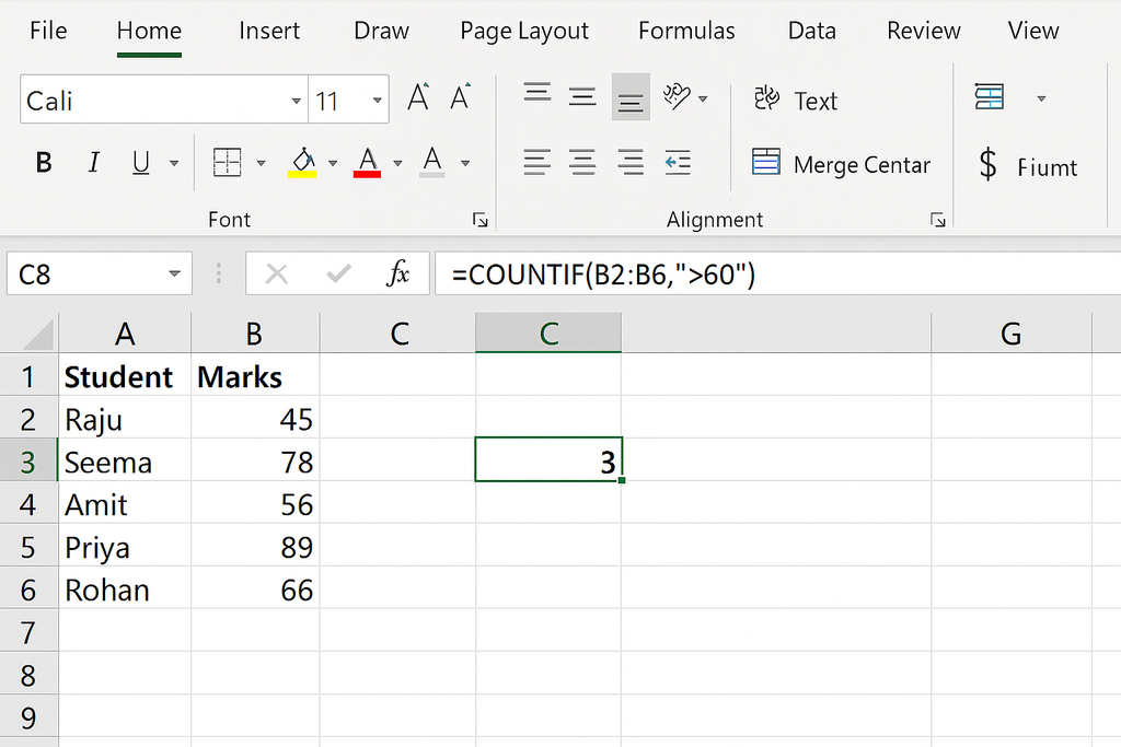 Excel COUNTIF formula example counting marks greater than 60